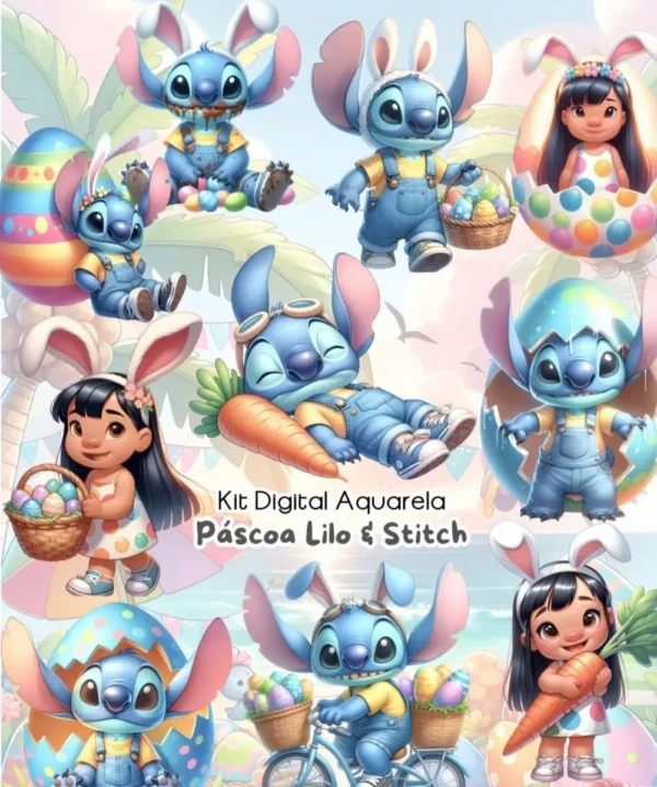 Kit Criativo Páscoa Stitch em PNG para Papelaria Personalizada