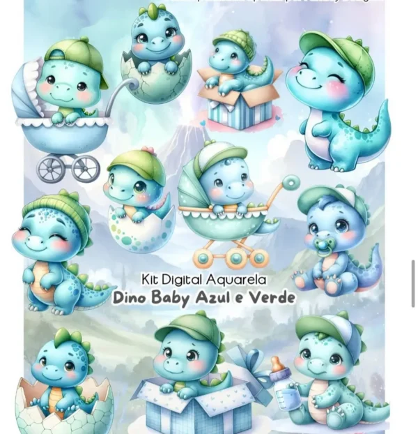 Dino Baby Aquarela - Kit Digital Completo em PNG