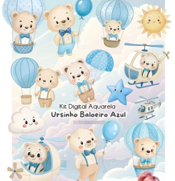 Pacote Criativo Ursinho Aquarela com Balões - PNG