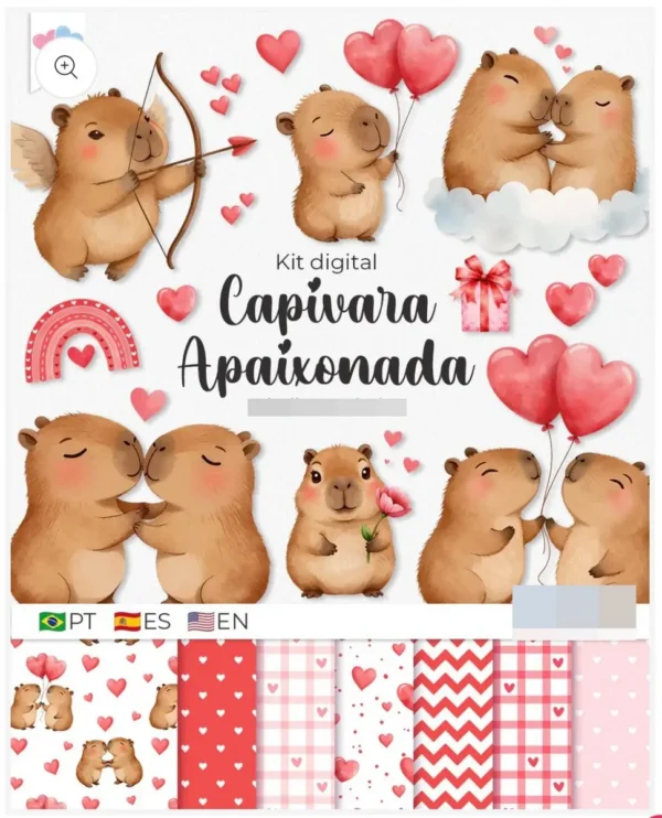 Kit PNG Capivara Apaixonada - Decoração Romântica Dia dos Namorados