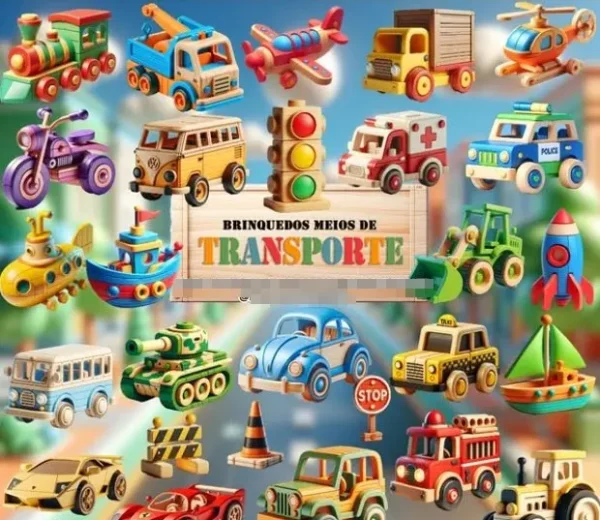 Kit Completo de Transportes Rústicos em Madeira - PNG