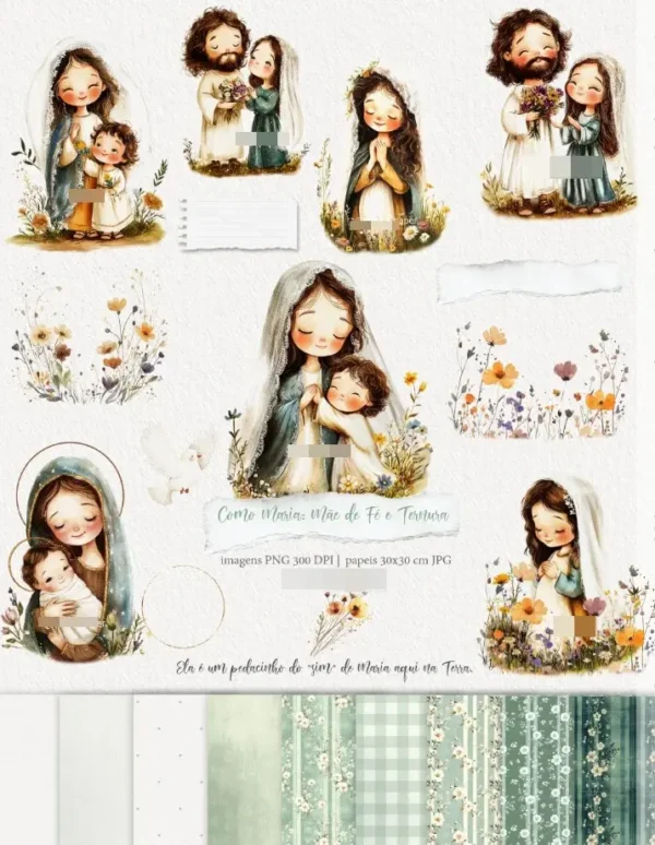 Coleção Digital Maria: Fé e Ternura em Aquarela PNG