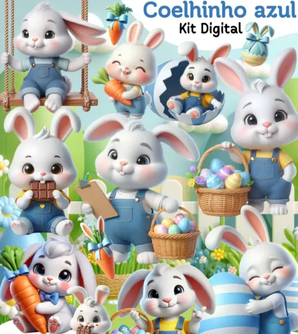 Coelhinha Azul Kit Digital PNG para Papelaria Personalizada