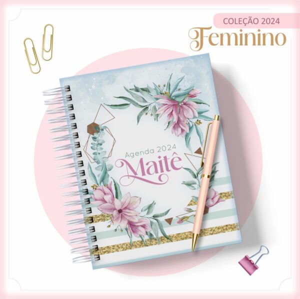 Agenda 2024 Floral Azul Gold - Arquivo Digital