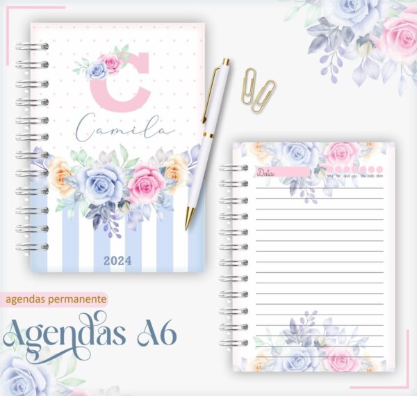 Agenda A6 Floral Rosa com Azul - Arquivo Digital