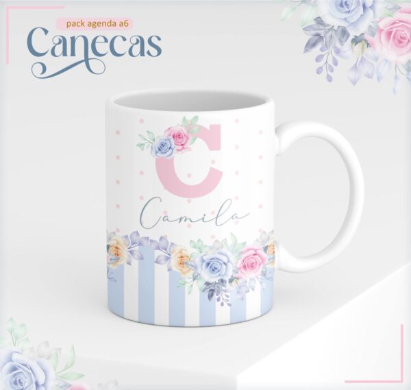 Agenda A6 Floral Rosa com Azul - Arquivo Digital