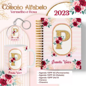 agenda alfabeto vermelho e rosa arquivo digital pack planner