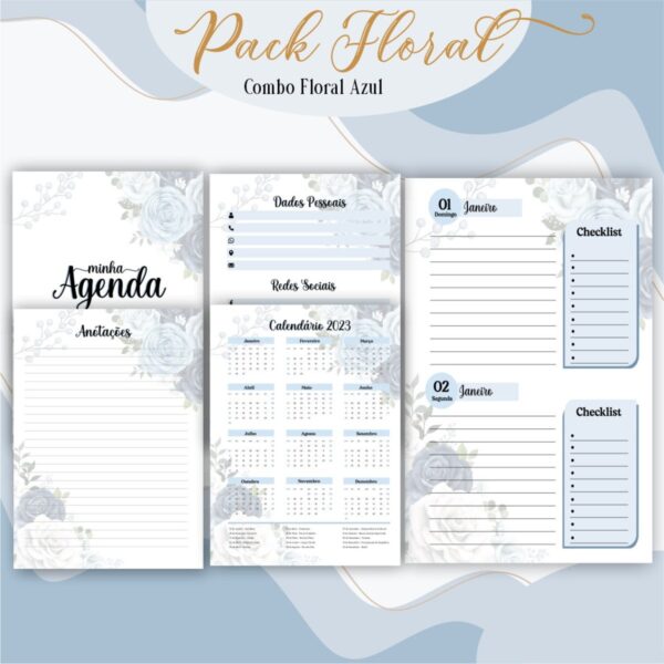 Agenda Floral Azul Escuro - Arquivo Digital