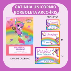 arquivo de corte etiqueta escolar gatinha unicornio pack