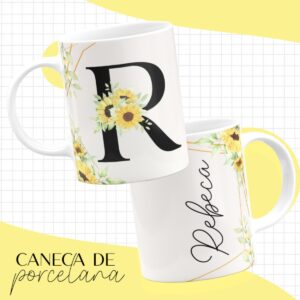 arte caneca alfabeto floral amarelo arquivo digital presente