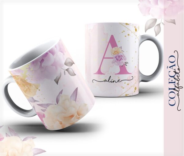 Arte Caneca Alfabeto Floral Rosa - Arquivo Digital