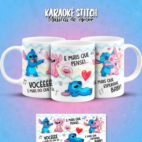 Artes Digitais Stitch em Clima de Karaoke para Caneca