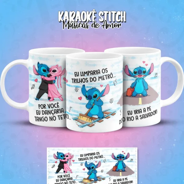 Artes Digitais Stitch em Clima de Karaoke para Caneca