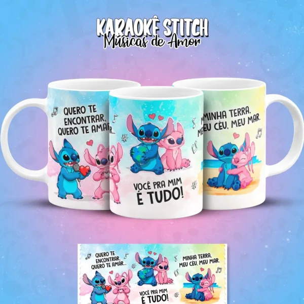 Artes Digitais Stitch em Clima de Karaoke para Caneca