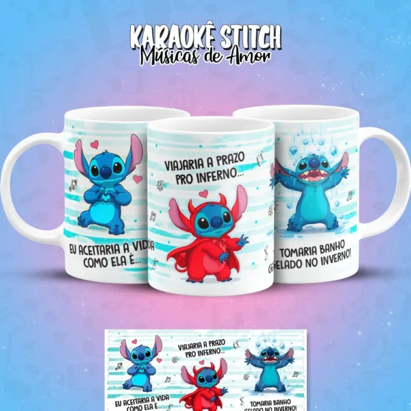 Artes Digitais Stitch em Clima de Karaoke para Caneca