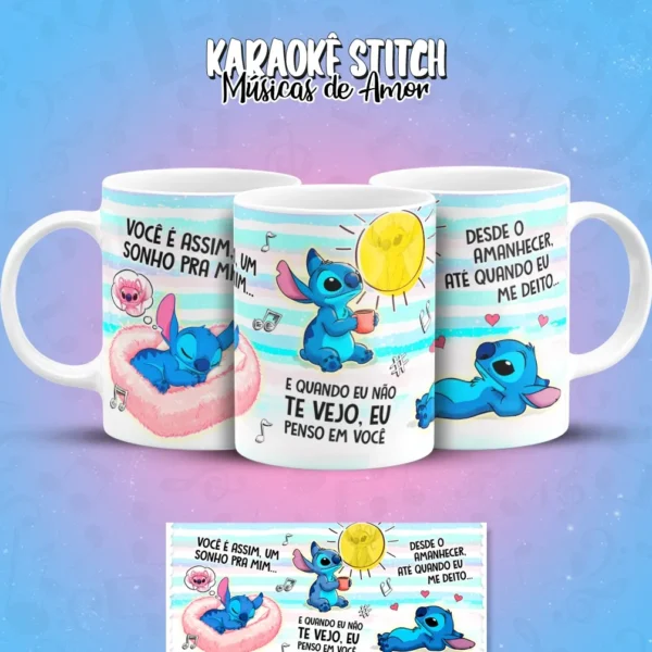 Artes Digitais Stitch em Clima de Karaoke para Caneca