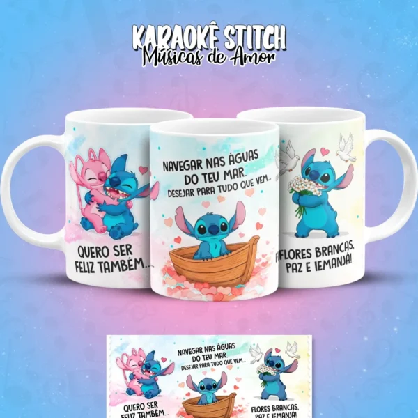 Artes Digitais Stitch em Clima de Karaoke para Caneca