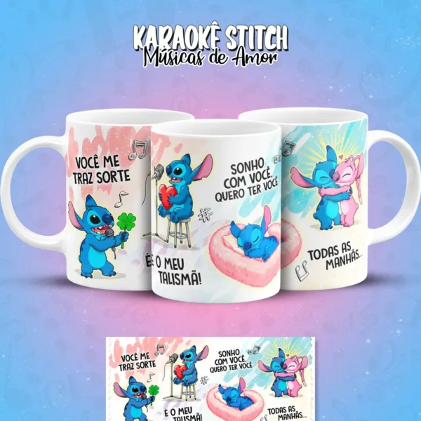 Artes Digitais Stitch em Clima de Karaoke para Caneca