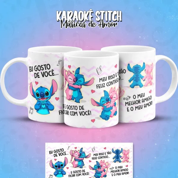 Artes Digitais Stitch em Clima de Karaoke para Caneca
