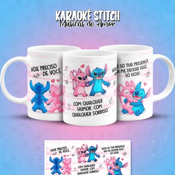 Artes Digitais Stitch em Clima de Karaoke para Caneca