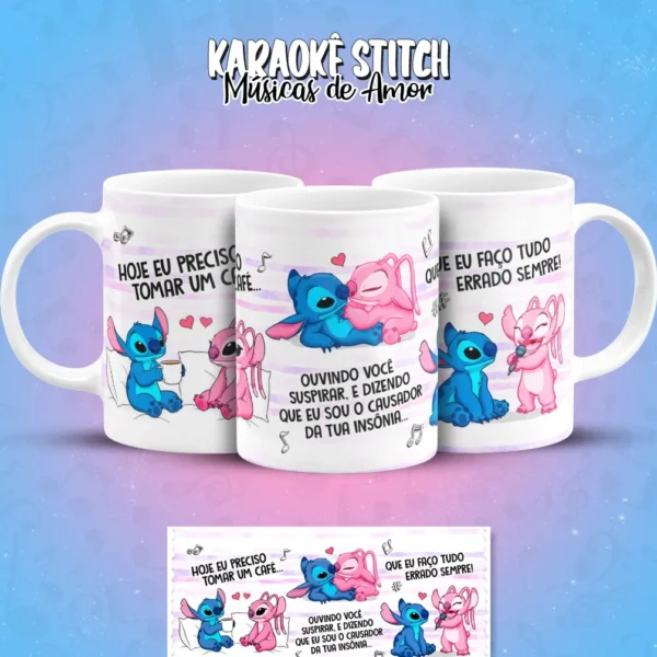Artes Digitais Stitch em Clima de Karaoke para Caneca