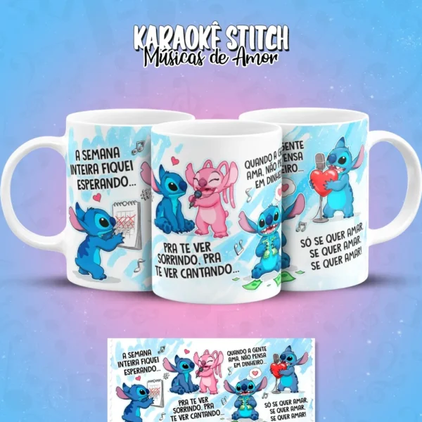 Artes Digitais Stitch em Clima de Karaoke para Caneca
