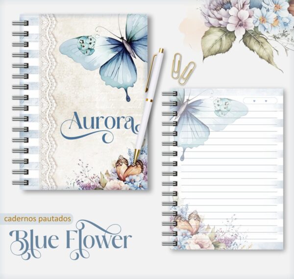 Caderno Feminino Blue Flower - Arquivo Digital