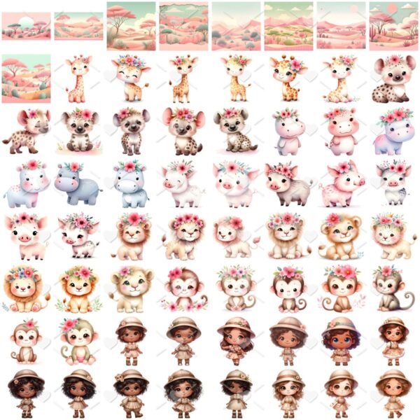 Cliparts Safari Rosa Aquarela Png Imagens Baby 3D Cute Bebês