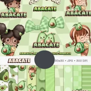 Coleção Boneca Cute com Frutinhas Abacate em Aquarela PNG