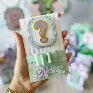 convites cha revelacao verde com lilas arquivo digital personalizadas