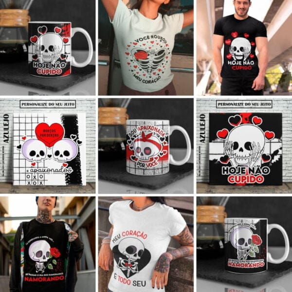 Estampas Dia Dos Namorados Caveiras Fofas Sublimação Caneca
