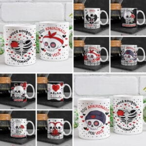 Estampas Dia Dos Namorados Caveiras Fofas Sublimação Caneca