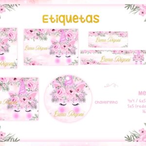 Etiqueta Escolar Unicórnio Floral - Arquivo Digital