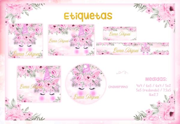 Etiqueta Escolar Unicórnio Floral - Arquivo Digital