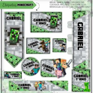 Etiquetas Escolares Minecraft Verde Arquivo Digital