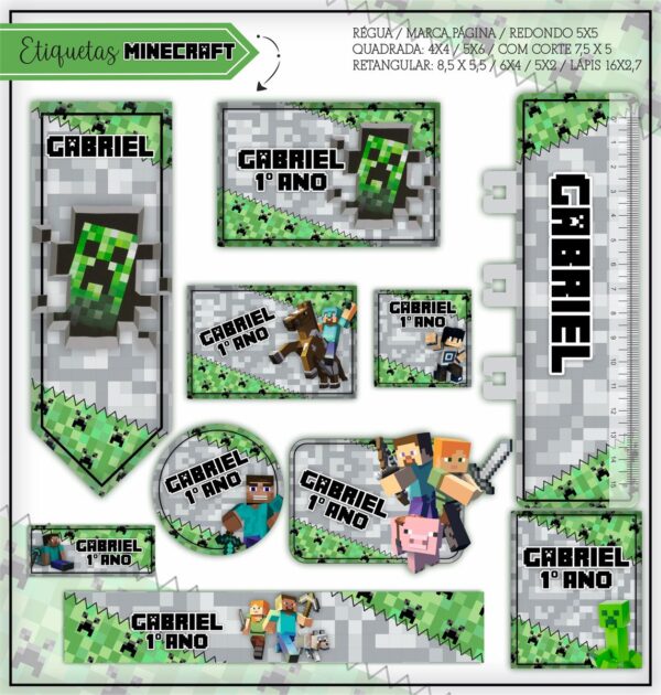 Etiquetas Escolares Minecraft Verde Arquivo Digital