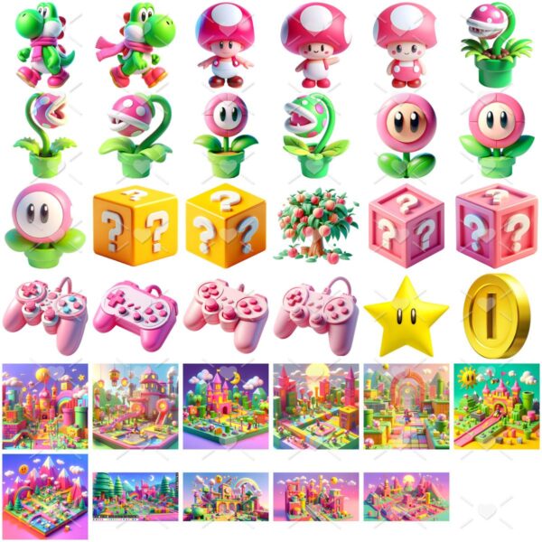 Ilustrações Princesa Peach e Mário Cute 3D Fofo Imagens Png