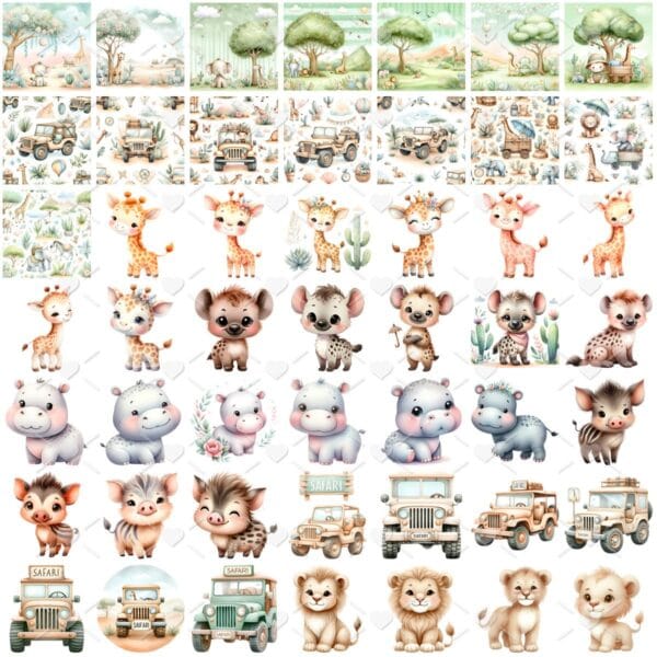 Ilustrações Safari Baby Aquarela Png Leão Zebra Girafa Hiena