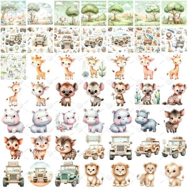 Ilustrações Safari Baby Aquarela Png Leão Zebra Girafa Hiena