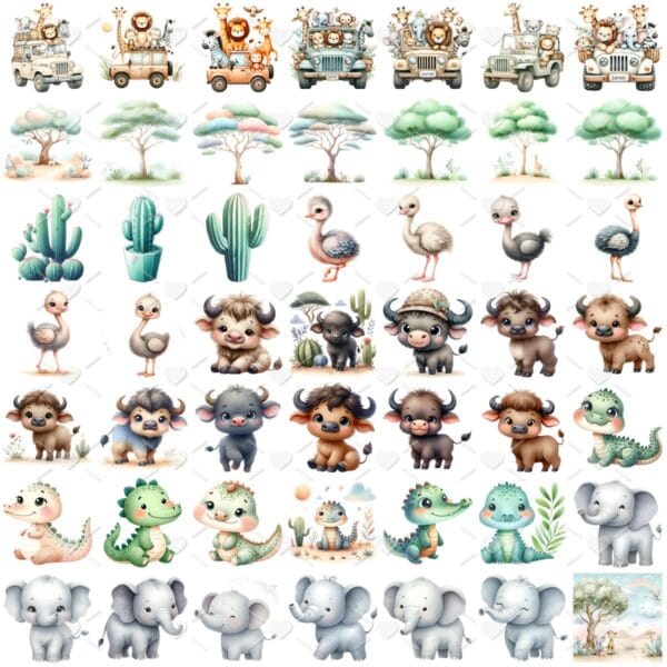Ilustrações Safari Baby Aquarela Png Leão Zebra Girafa Hiena
