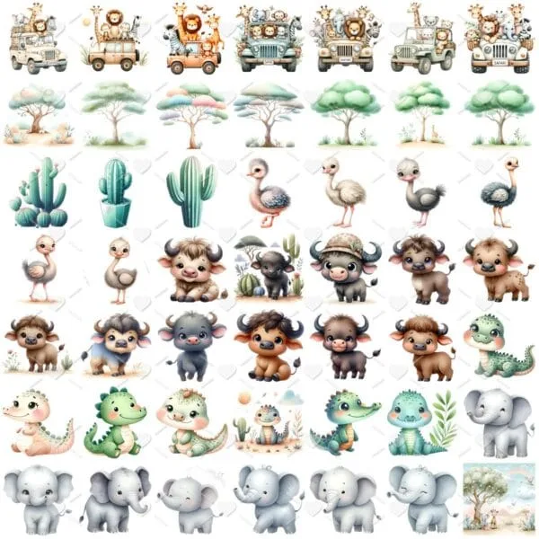 Ilustrações Safari Baby Aquarela Png Leão Zebra Girafa Hiena
