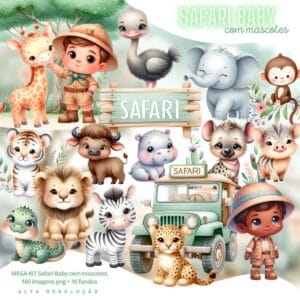 Ilustrações Safari Baby Aquarela Png Leão Zebra Girafa Hiena