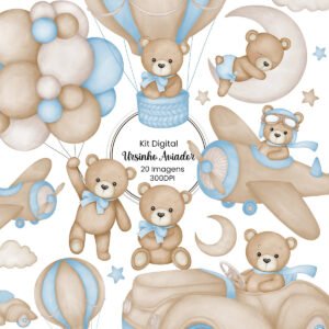 Ilustrações Ursinho Aviador Azul Menino Cliparts Fofos Bebê