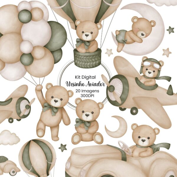 Ilustracoes Ursinho Aviador Verde Menino Cliparts Fofos Bebe