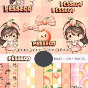 Kit Boneca Cute e Frutas: Pêssego Aquarelado em PNG
