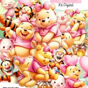 Kit Completo Em Png Ursinho Pooh Rosa Estilo Aquarela
