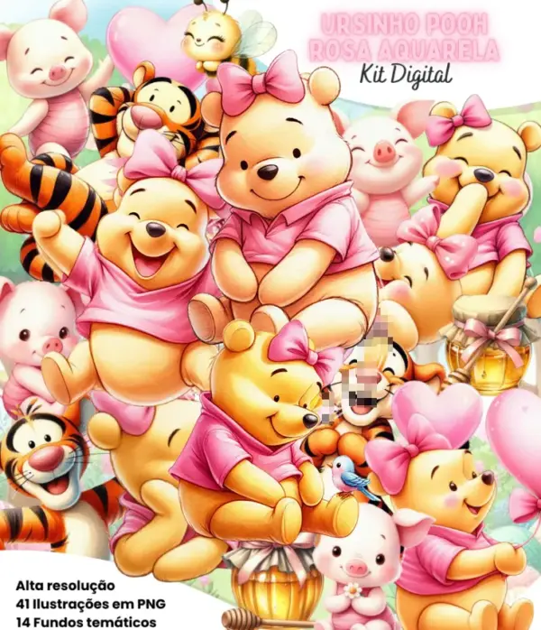Kit Completo Em Png Ursinho Pooh Rosa Estilo Aquarela