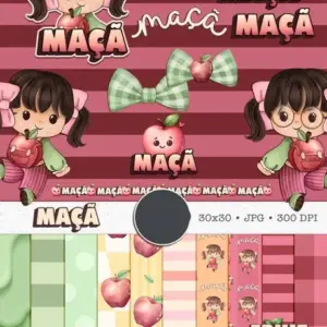 Kit de Arte Digital com Tema Boneca Cute e Frutas Aquareladas