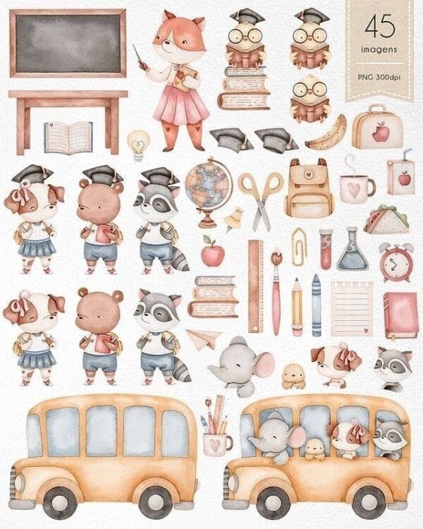 Kit Digital Animais Fofos Aquarela Volta As Aulas Scrapbook
