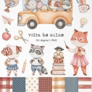 Kit Digital Animais Fofos Aquarela Volta As Aulas Scrapbook